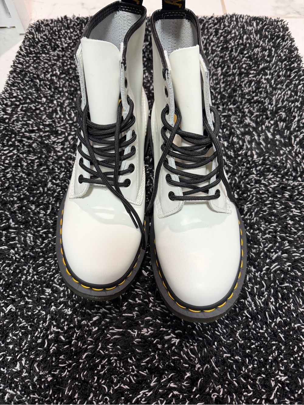 Dr. Martens White Leather Lace-Up Combat Boots with Yellow Stitching